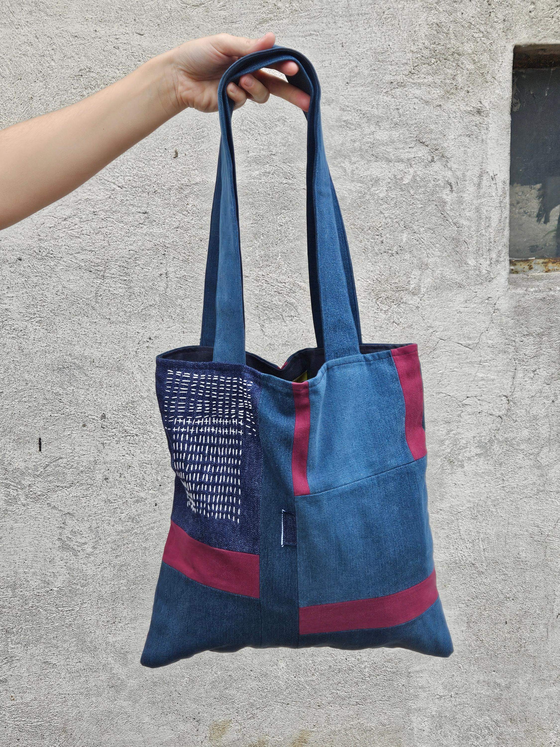 Torba sashiko jeans-bordo 5