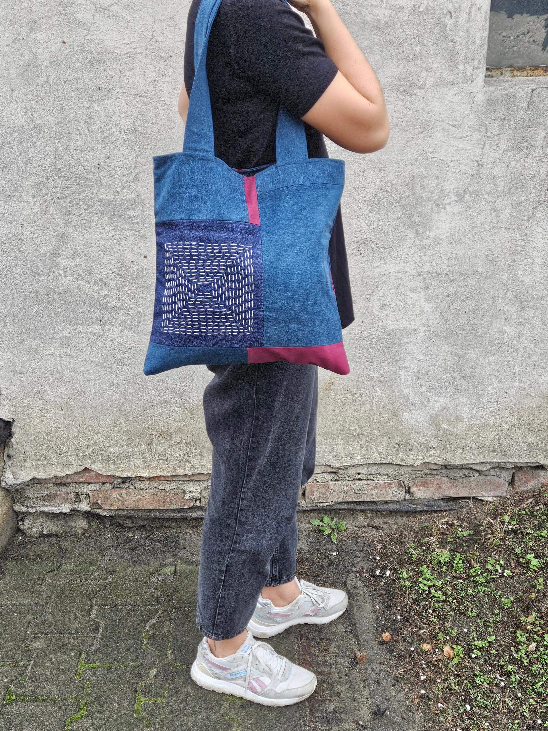 Torba sashiko jeans-bordo 4