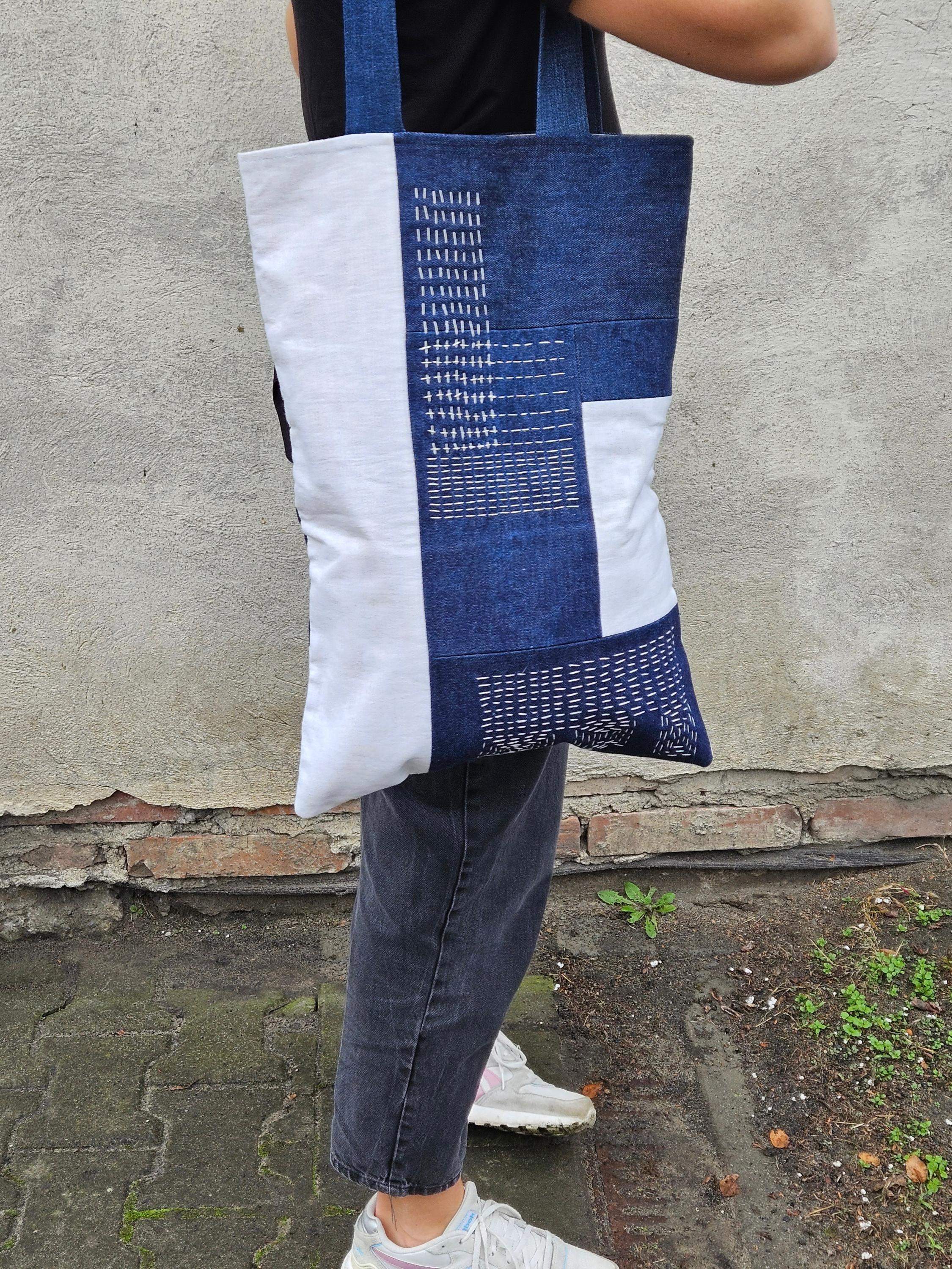 Torba sashiko jeans-biel 5