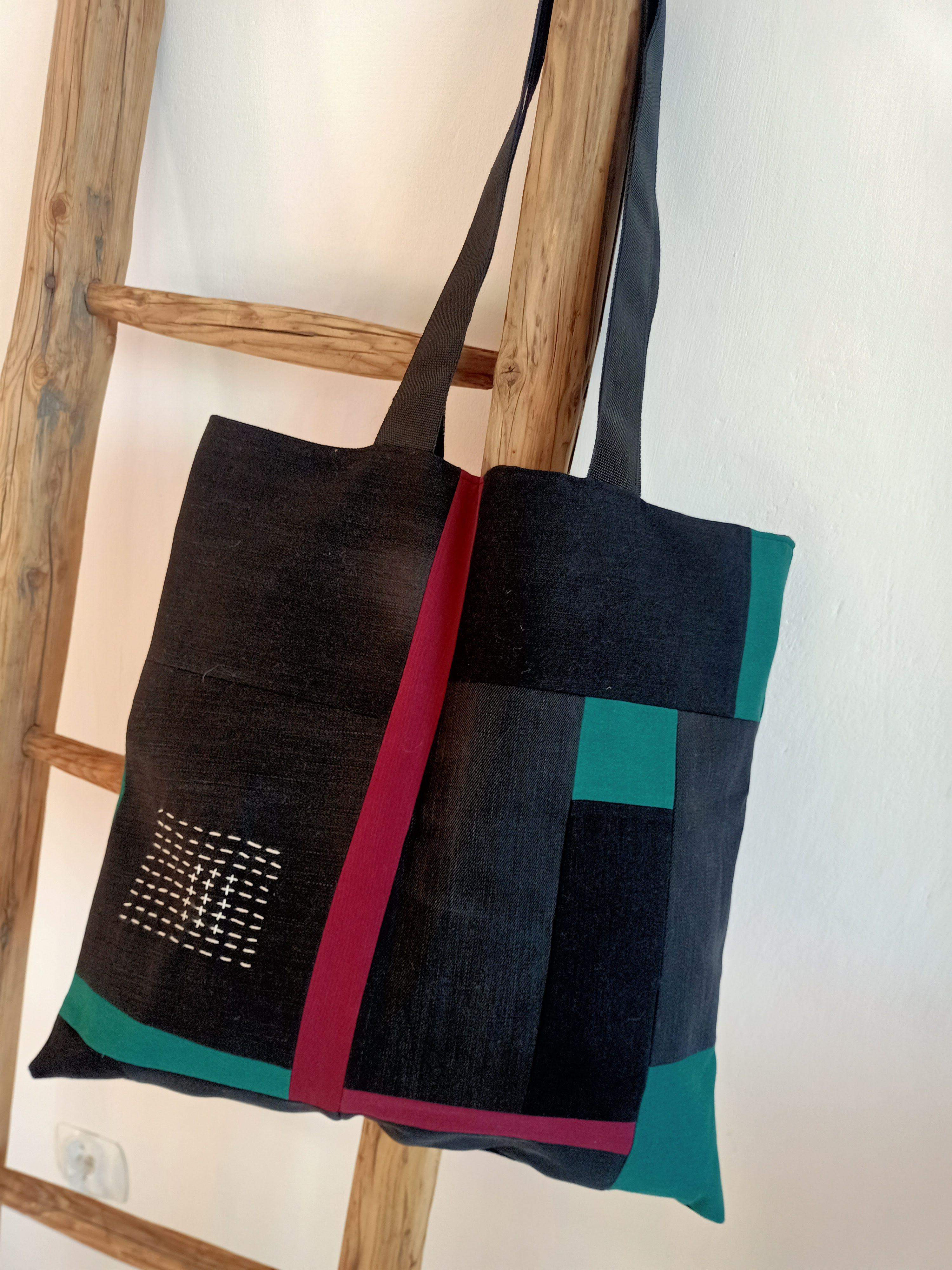 Torba sashiko czerń-zieleń-bordo 1