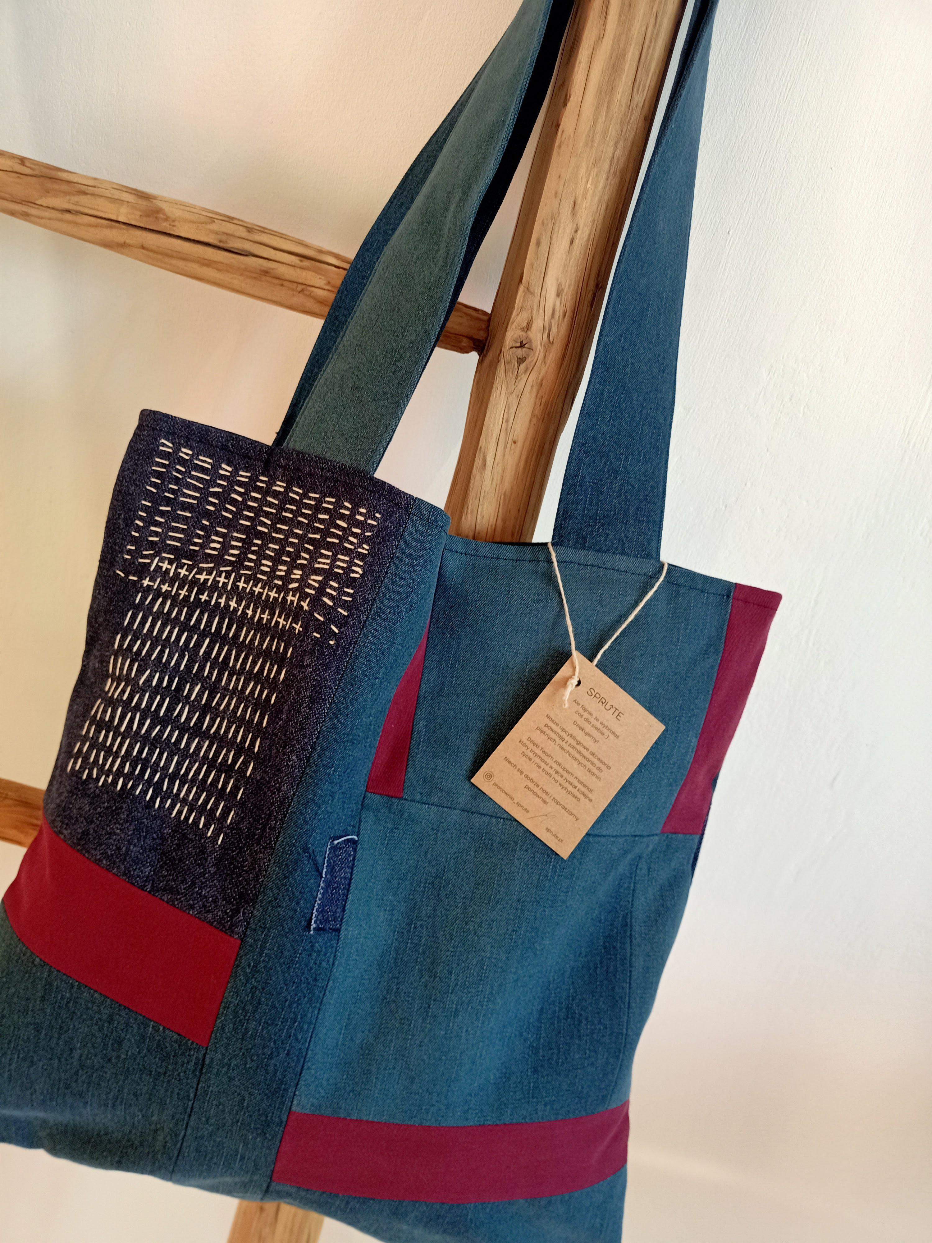 Torba sashiko jeans-bordo 1