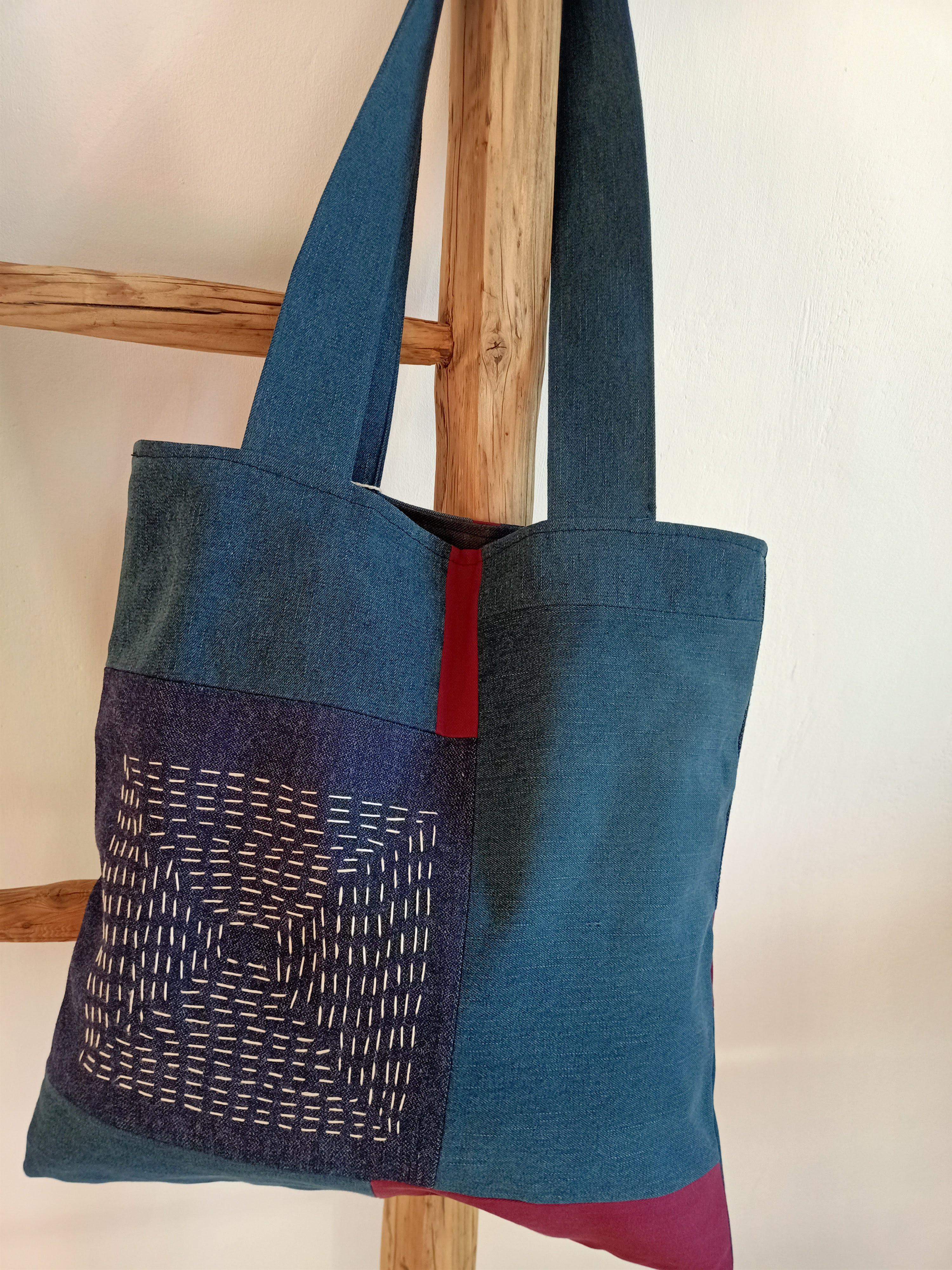 Torba sashiko jeans-bordo 0